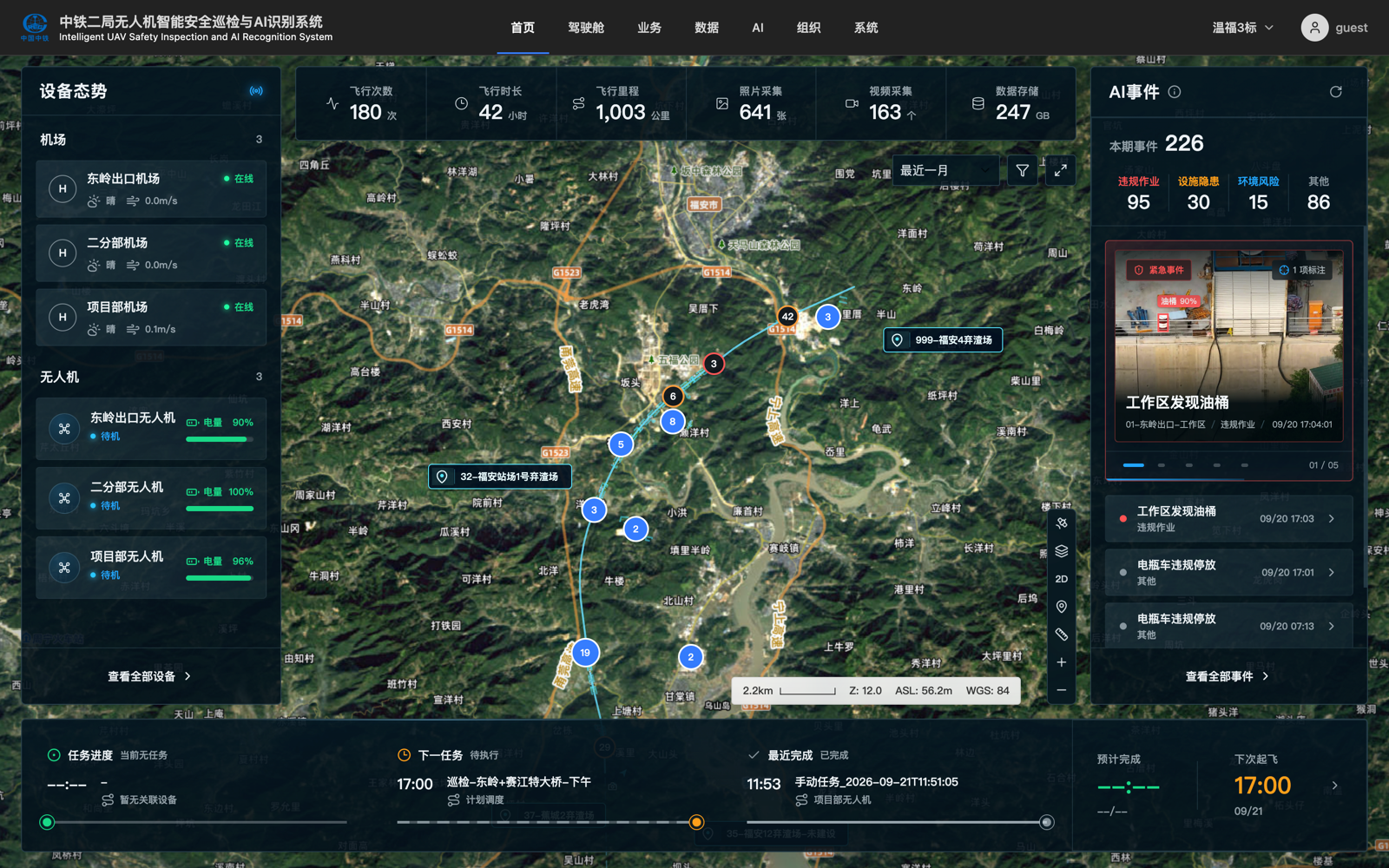 铁路项目最新运营驾驶舱,展示机场、无人机、线路、任务和 AI 事件